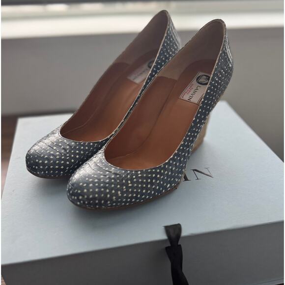 NIB Lanvin Snakeskin Embossed Dotted Espadrille Wedges in Bleu Marine - Picture 2 of 12